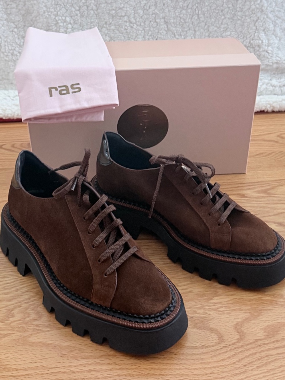 RAS NIB Castoro Chunky Brown Suede Brogues Shoes (38/8)
